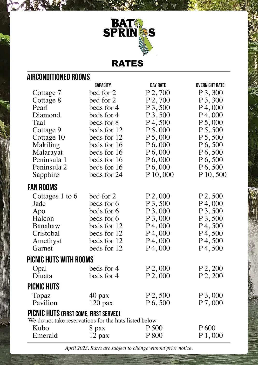 Bato Springs Resort Pricelist