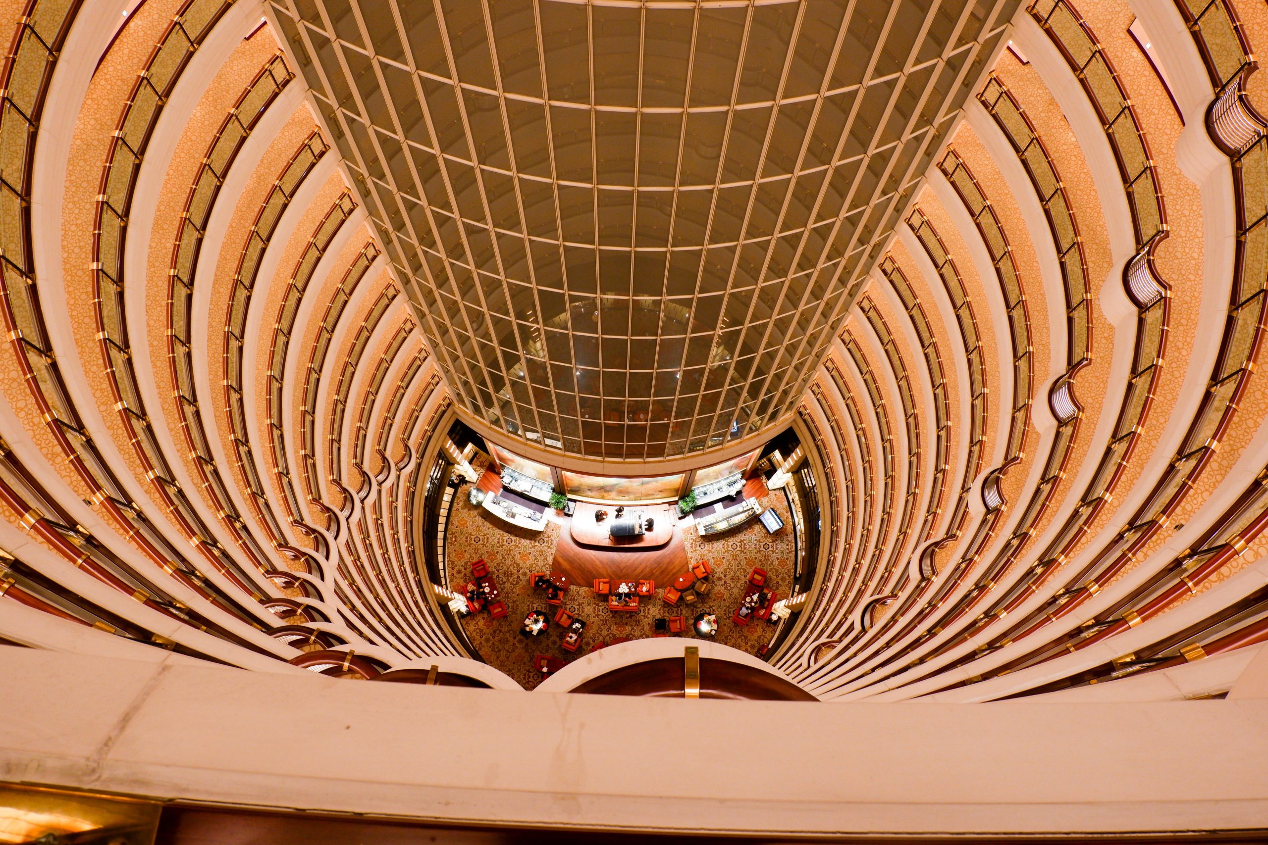 The topside view of the Grand Hyatt Shanghai hotel’s atrium inside Jin Mao Tower