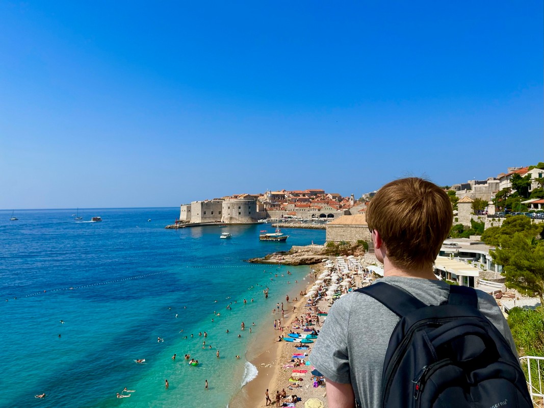 Panoramic view Banje Beach and Old Town Dubrovnik